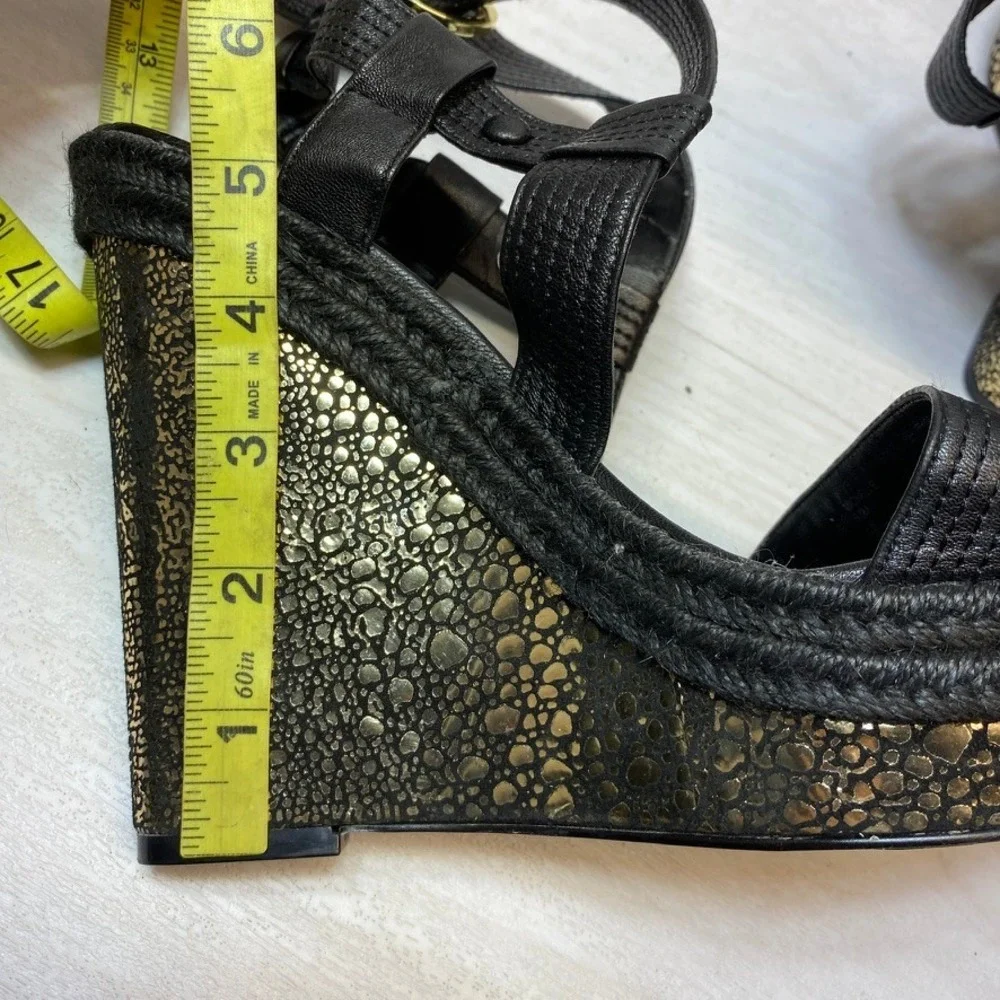 Donald J Pliner Womens 9.5M Michelle Wedge Sandals Black Gold Leather Espadrille